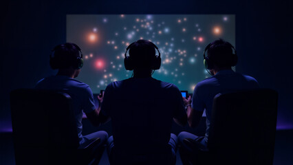 Intriguing Control Panel in Front of Three Men Engrossed in a Video Game, Depicting Excitement and Collaboration in an Entertainment Environment