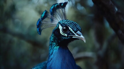 Portrait of a peacock, scientifically known as Pavo cristatus, in its natural habitat in the Plaka forest park on Kos Island, Greece. 