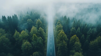 
Aerial view of road in a misty forest.