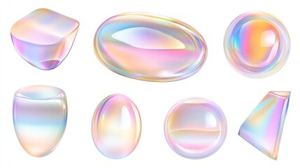 A collection of futuristic design elements featuring abstract transparent iridescent oval gradient shapes