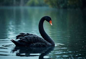 Fototapeta premium Elegant Black Swan Swimming in Calm Water with Rain Drops