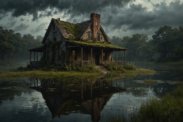Obraz premium An eerie abandoned house surrounded by a misty marsh. Overgrown with moss and vines, it reflects a haunting atmosphere, perfect for stories of mystery and the supernatural