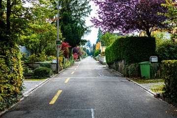 A quiet street with a sidewalk and a green trash can