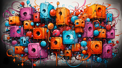 Modern and colorful graffiti style background on the wall with drawings of musical speakers in orange, pink, blue and black colors. 3d drawing. Urban art.