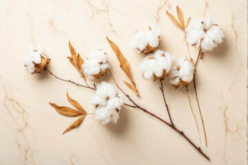 A flat lay composition featuring a dried cotton flower branch on a marble-textured beige background, emphasizing natural beauty and minimalism. Generative AI