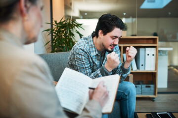 Anger management, notebook or psychology with man and woman in office for communication, consulting...