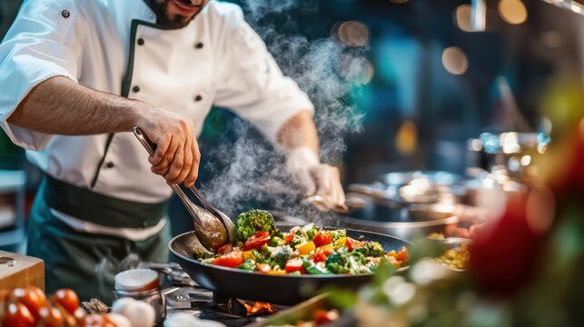 A chef demonstrating how to prepare vegetarian dishes on stage during a festival cooking show - Powered by Adobe