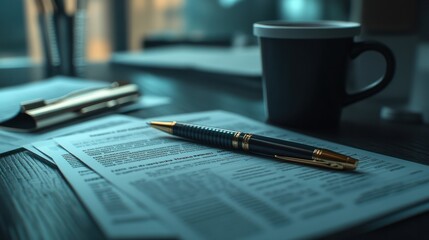 A close-up of a pen, financial documents, and a coffee cup, showcasing a workspace for analytics and business planning.