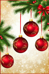 Naklejka premium Red and gold Christmas ornaments hanging from a tree with intricate designs, set against a festive golden background, perfect for holiday marketing and designs. Generative AI