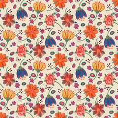 Hand drawning flowers. Digital background in warm colors. Print with texture and noise.