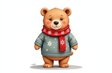 Cute brown bear in red scarf and sweater on white background. Generative AI