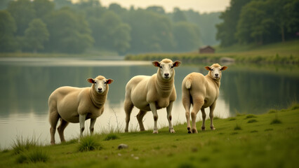 An Idyllic Scene of a Serene Sheep Grazing Peacefully Near the Tranquil Waterfront in Nature