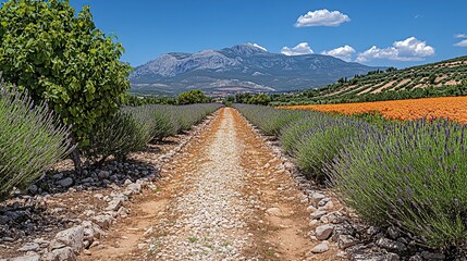 Lavender fields with a mountain backdrop.