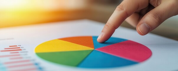Close-up of a pie chart on paper with a hand pointing out key data points during a consulting meeting, pointing at chart, business analysis