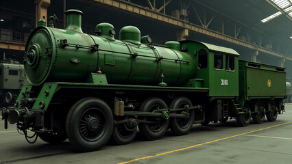 Fototapeta premium Fascinating Contrast Between Vintage Green Locomotive and Armored Military Vehicle in Industry