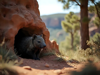 The Cautious Wombat Leaving Rocky Den in the Arid Australian Outback  