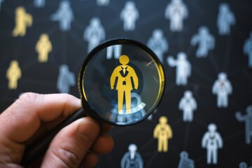 Magnifying Glass Focused on a Gold Businessman Figure Amongst Other Figures