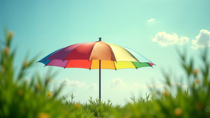 Obraz premium A Colorful Umbrella Standing Out Against a Bright Clear Sky Surrounded by Lush Greenery Evoking Summer Joy