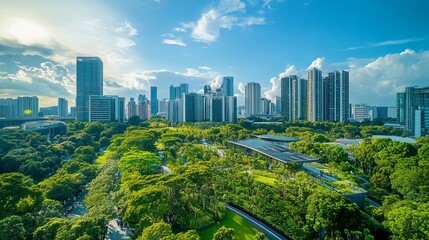 Obraz premium Sustainable city with eco-friendly buildings, low carbon emissions, and green spaces promotes urban biodiversity, creating a harmonious balance between urbanization and nature