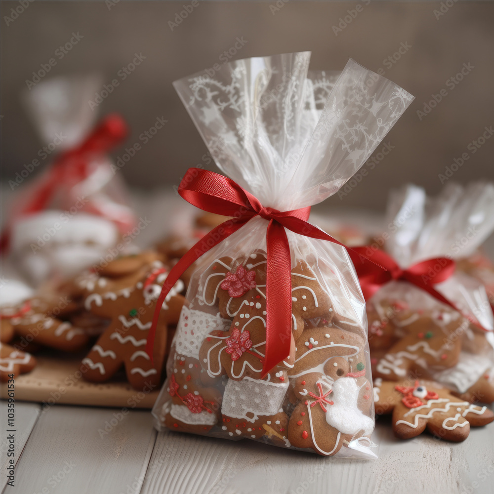 Wall mural a festive food gift: gingerbread cookies in a transparent bag with a red ribbon.