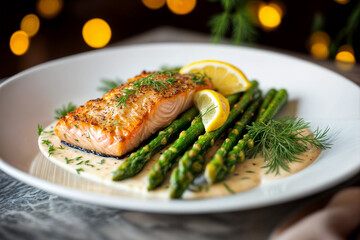 Salmon fillet and asparagus with lemon in a plate. Baked salmon