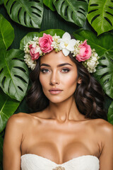 Naklejka premium Elegant woman with a floral crown and lush tropical leaves, conveying a harmonious blend of nature and beauty. Generative AI