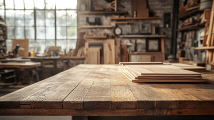 wooden countertop with some boards and strips is set in rustic workshop, bathed in natural light from large windows. space is filled with woodworking tools and materials, creating warm, creative