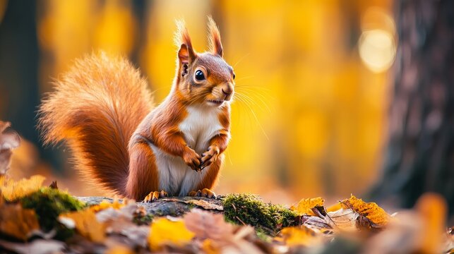 The Eurasian red squirrel (Sciurus vulgaris) in its natural habitat in the autumn forest. Portrait of a squirrel close up. The forest is full of rich warm colors. 