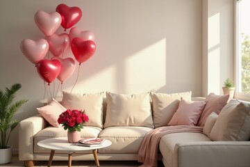 Romantic living room decor with heart balloons and roses for valentine's day ambiance.