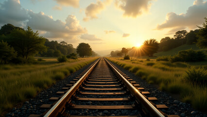 Fototapeta premium A Picturesque Rail Line Extending into the Distance, Embraced by Lush Landscapes Under a Beautiful Sky