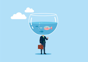 Businessman with a fish bowl with fish instead of a head on shoulders. Thinking outside the box. Modern vector illustration in flat style