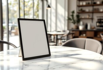 Fototapeta premium Modern minimalist mockup frame in cozy cafe setting for design display
