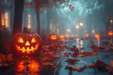 Mysterious autumn night displaying jack o' lanterns on a foggy road decorated with fallen leaves and radiant candles