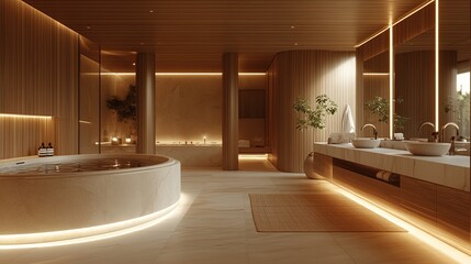 Modern, serene bathroom with elegant lighting.