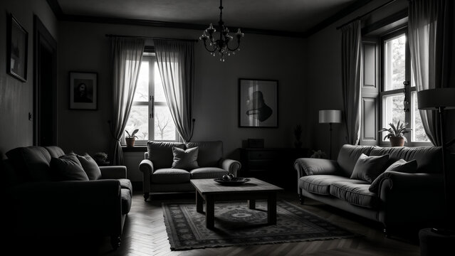 Nostalgic Comfort: A Black and White Photo of a Cozy Living Room with Vintage Furniture