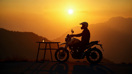 Obraz premium Golden Hour Gatherings: A Motorcyclist's Pause for Stories and Laughter Over Scenic Views