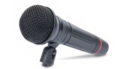 Close-up of microphone on stand in soundproof recording studio, positioned in front of script stand, symbolizing voice acting and audio production.