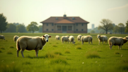 Fototapeta premium A Tranquil Rural Scene of a Herd of Sheep Grazing Peacefully with a Large Building in the Background