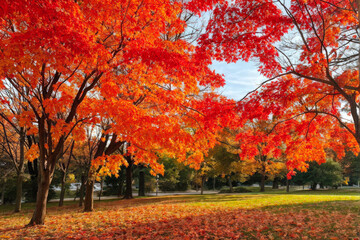 Brilliant display of orange autumn leaves in a park, creating a warm and vibrant seasonal scene perfect for fall themes. Generative AI