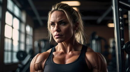Fototapeta premium Strong Blonde Female Bodybuilder Flexing And Posing Muscles at the Gym