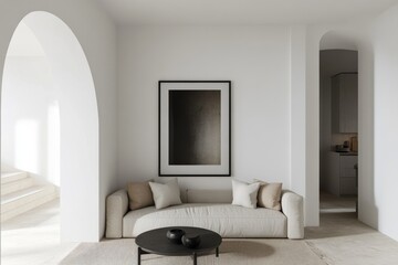 Modern interior design in minimalist style with arched doorways, mockup poster on the wall, beige sofa and black coffee table.