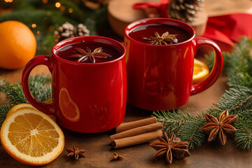 Two red mugs filled with mulled wine, garnished with star anise and orange slices, with cinnamon sticks, pine branches, and a festive Christmas background.