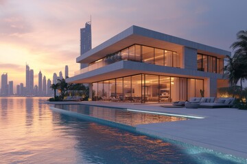 Fototapeta premium Modern luxury apartment with large balcony and swimming pool in Dubai.
