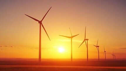 Obraz premium Wind turbines, set against a sunset sky, harness the power of the wind to generate clean, sustainable electricity. This eco-friendly technology contributes to sustainable development