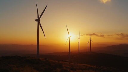 Obraz premium Wind turbines, set against a sunset sky, harness the power of the wind to generate clean, sustainable electricity. This eco-friendly technology contributes to sustainable development