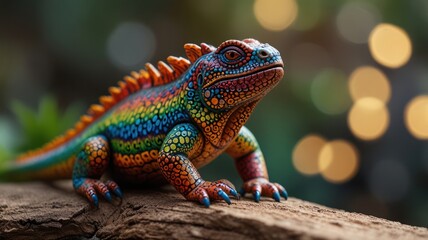 Obraz premium A colorful iguana figurine on a wooden branch with a blurred bokeh background.
