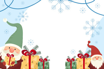 Fototapeta premium Christmas Gnome Background Illustration with snowflakes and wrapped presents. Cute Christmas holiday symbols in vector flat style. For Christmas invitations, cards, banners.