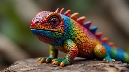 Fototapeta premium A colorful, hand-painted, resin iguana sculpture with a bright, green background.