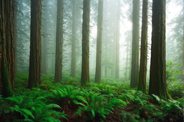 Obraz premium A dense, foggy forest with towering trees and vibrant ferns, creating a peaceful, mystical atmosphere. Generative AI