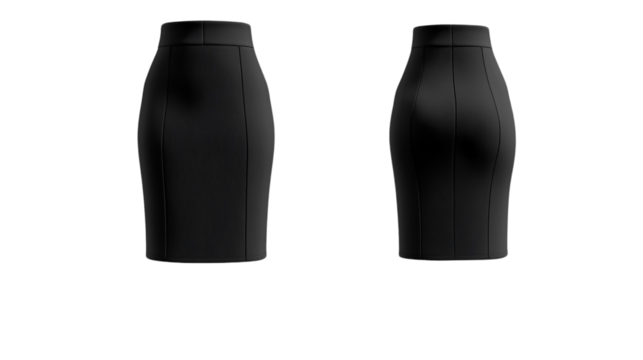 A mockup of a black pencil skirt displayed in both front and back views, isolated on transparent background. - Powered by Adobe